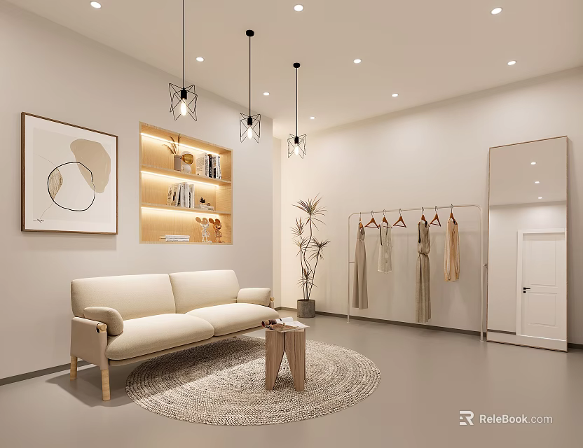 Live Stream Room Interior With Light Beige Sofa Clothes Hangers Large Mirror And Pendant Lights 3d model 