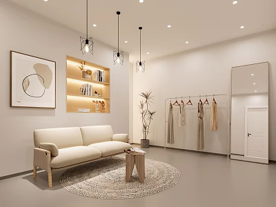 Live Stream Room Interior With Light Beige Sofa Clothes Hangers Large Mirror And Pendant Lights 3d model