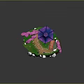 Traditional Pavilion on Floating Island with Blue Roof Pink Trees Red Bridge and Green Grass