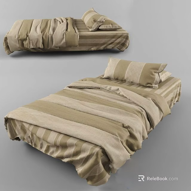 Striped Double Bed With Beige And Brown Bed Sheets And Pillows 3d model 
