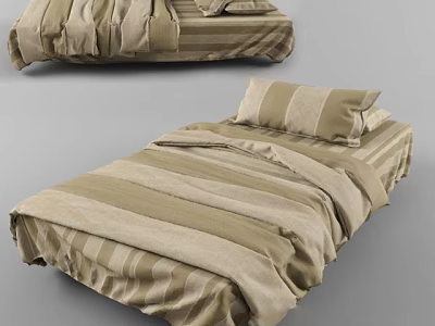 Striped Double Bed With Beige And Brown Bed Sheets And Pillows 3d model