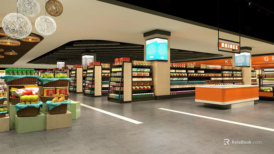 Modern Supermarket Interior With Spacious Aisles Shelves Digital Screens And Fresh Fruits 3d model 