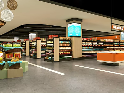 Modern Supermarket Interior With Spacious Aisles Shelves Digital Screens And Fresh Fruits 3d model