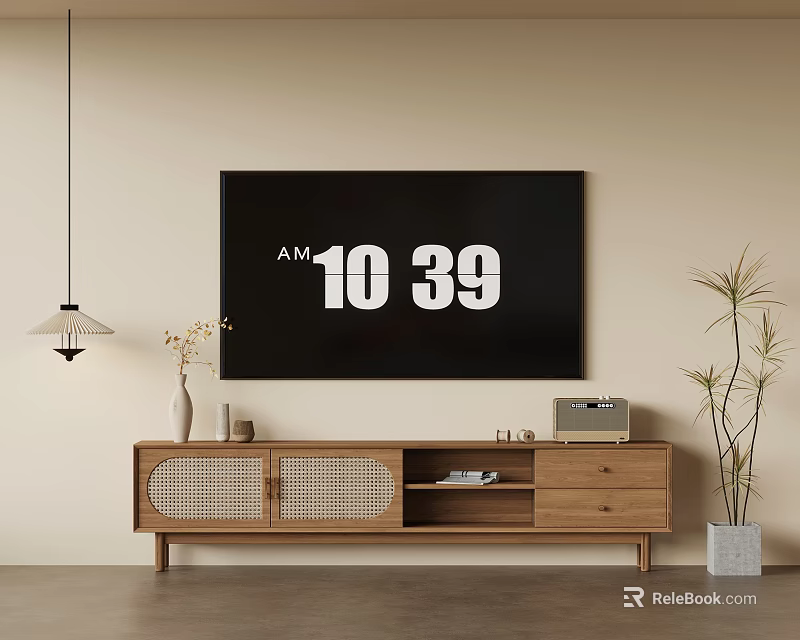 Modern Wooden TV Stand With Wall Mounted TV Decorative Items And Potted Plant 3d model 