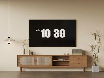 Modern Wooden TV Stand With Wall Mounted TV Decorative Items And Potted Plant 3d model