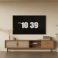 Modern Wooden TV Stand With Wall Mounted TV Decorative Items And Potted Plant