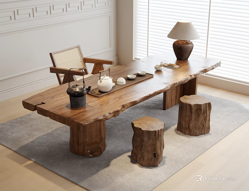 Rustic Wooden Tea Table With Stump Stools Tea Set Table Lamp And Rug 3d model 