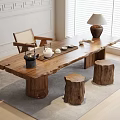 Rustic Wooden Tea Table With Stump Stools Tea Set Table Lamp And Rug