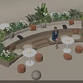 Curved Landscape Seating With Green Plants Small Round Tables And Round Stools In Leisure Area