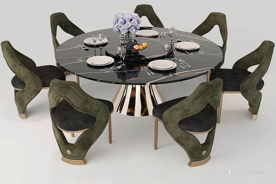 Elegant Modern Private Dining Room Interior With Marble Round Table Green Velvet Chairs And Floral Vase 3d model 