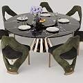 Elegant Modern Private Dining Room Interior With Marble Round Table Green Velvet Chairs And Floral Vase