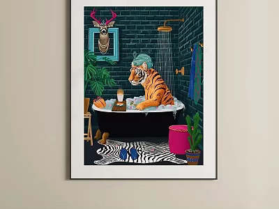 Oil Painting Of Tiger Bathing In Bathtub With Green Plants Brick Wall And Zebra Rug 3d model