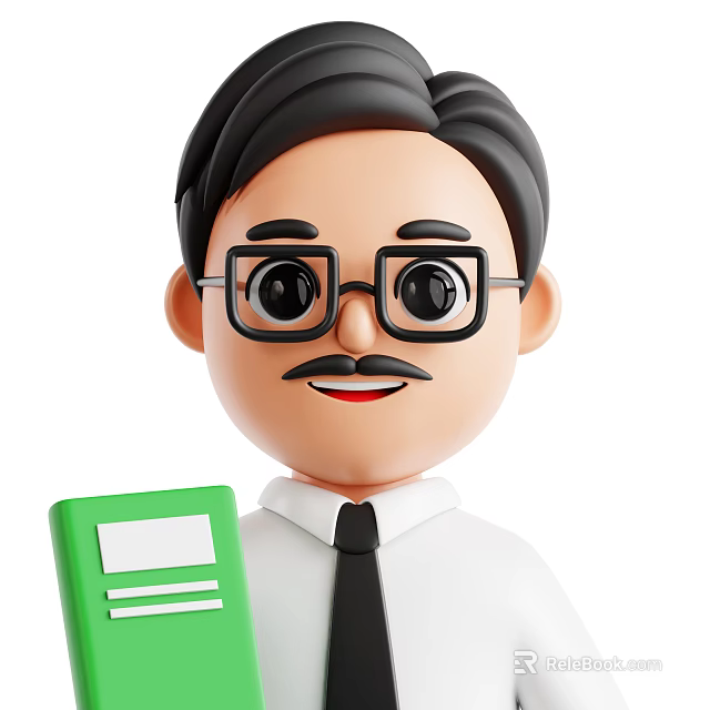 Man with mustache wearing glasses in white shirt and black tie holding green folder 3d model 