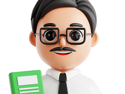 Man with mustache wearing glasses in white shirt and black tie holding green folder 3d model