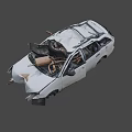 White Abandoned Car With Damaged Roof Broken Body And Debris Inside