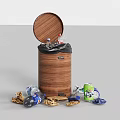 Open Trash Can With Scattered Plastic Bottles Cans And Waste Materials
