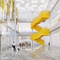 Front Desk Reception In Modern Spacious Lobby With Glass Walls Yellow Accents People Interacting