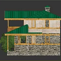 Cartoon Style House Featuring Green Roof Yellow Wooden Structure Stone Walls Balcony And Green Tree