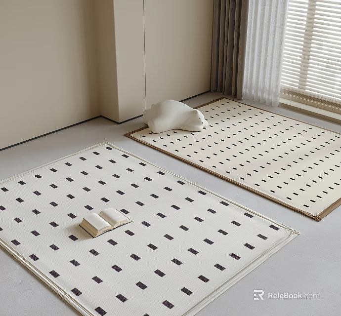 Square Rugs With Geometric Patterns In Minimalist Interior With Book And Cushion 3d model 