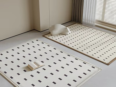 Square Rugs With Geometric Patterns In Minimalist Interior With Book And Cushion 3d model