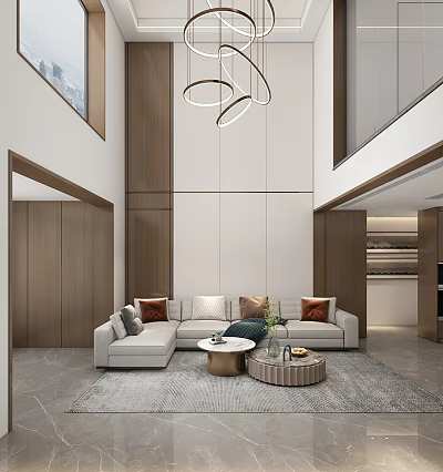 Modern Duplex Living Room With Sofa Chandeliers And Wooden Accents 3d model