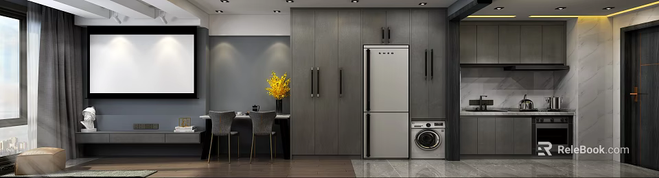 Modern Dining Living Room Interior With Gray Cabinets Silver Refrigerator Dining Table And Gray Chairs 3d model 