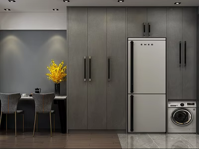Modern Dining Living Room Interior With Gray Cabinets Silver Refrigerator Dining Table And Gray Chairs 3d model