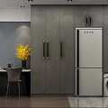 Modern Dining Living Room Interior With Gray Cabinets Silver Refrigerator Dining Table And Gray Chairs