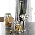 Decorative Ornaments Set with Glass Jar Wooden Lid Green Bottle and Martini Glass for Tabletop