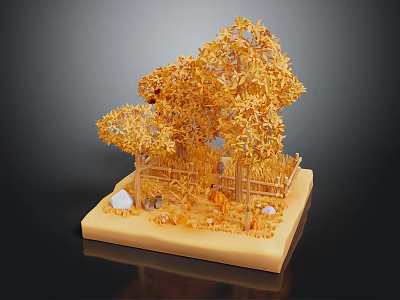 Autumn Cartoon Scene With Golden Trees Haystacks Pumpkins White Stones And Wooden Fence On Base 3d model