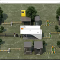Outdoor Facility Layout With Small Buildings Yellow Structure Trees And Barriers 3d model