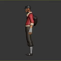 Game Character 3D Model With Red Coat White Undershirt Brown Pants Gray Gloves Holding Tool