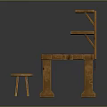 Wooden Furniture Collection Featuring Long Table Red Cloth Small Stool And Three Tiered Shelf