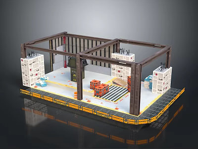 Industrial Building Model with Construction Frame Interior White Crates Orange Equipment and Yellow Floor Markings 3d model