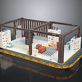 Industrial Building Model with Construction Frame Interior White Crates Orange Equipment and Yellow Floor Markings