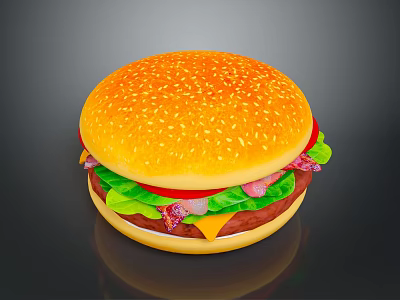 Juicy Hamburger With Sesame Seed Bun Fresh Lettuce Tomato Cheese And Beef Patty 3d model