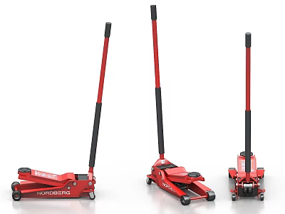 Red Industrial Hydraulic Jacks Set of Three with Handle and Wheels 3d model