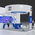 Modern Exhibition Booth with White Blue Circular Top Column Structure and Display Screens