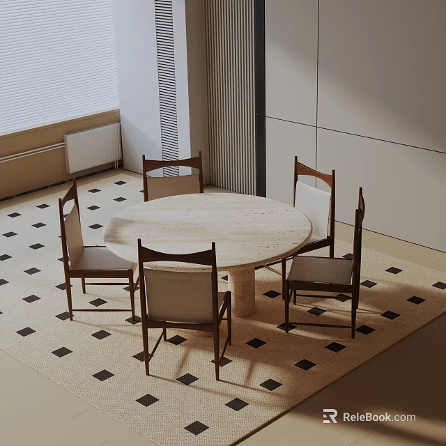 Minimalist Round Dining Table Set With Five Wooden Chairs And Geometric Rug 3d model