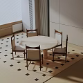 Minimalist Round Dining Table Set With Five Wooden Chairs And Geometric Rug 3d model