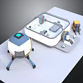 Medical Laboratory Equipment Components With Transparent Device Blue Screen And Yellow Mechanical Arm
