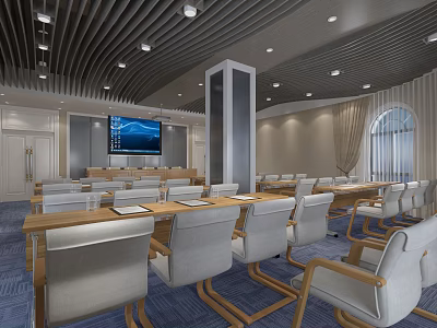 Modern Conference Room Interior Design With Wooden Tables Chairs Large Screen And Lighting 3d model