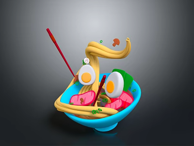 Appetizing Blue Ramen Bowl With Springy Noodles Pork Slices Soft Boiled Egg Mushrooms And Chopsticks 3d model