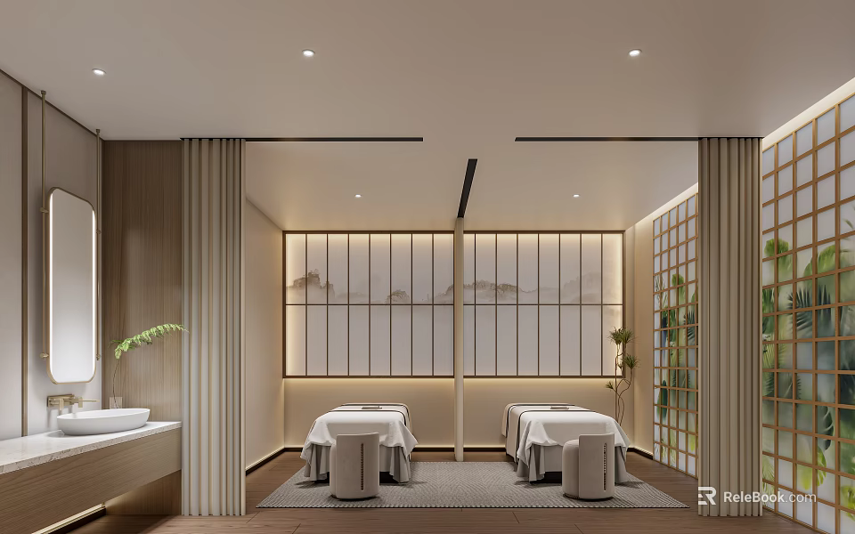 Serene SPA Sauna Interior With Wooden Partition Two Treatment Beds And Greenery 3d model 