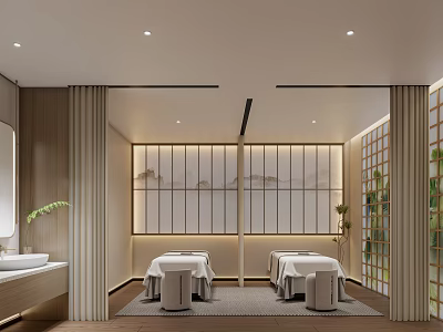 Serene SPA Sauna Interior With Wooden Partition Two Treatment Beds And Greenery 3d model