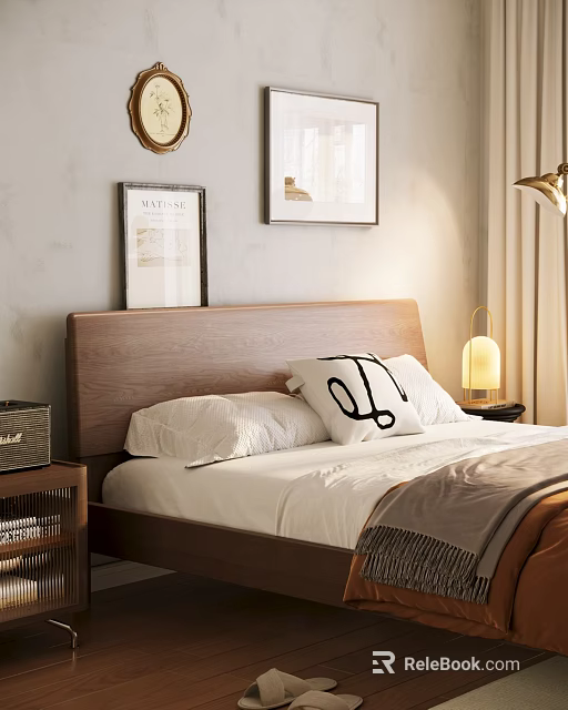 Cozy Bedroom Double Bed With Wooden Headboard White Pillows Wall Art And Table Lamp 3d model 