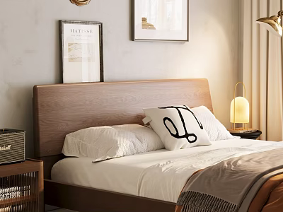 Cozy Bedroom Double Bed With Wooden Headboard White Pillows Wall Art And Table Lamp 3d model