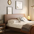 Cozy Bedroom Double Bed With Wooden Headboard White Pillows Wall Art And Table Lamp