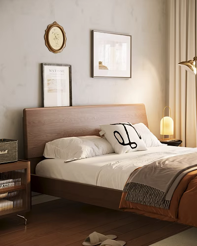 Cozy Bedroom Double Bed With Wooden Headboard White Pillows Wall Art And Table Lamp 3d model