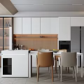 Modern Restaurant Interior With White Cabinets Island Counter And Dining Table Chairs